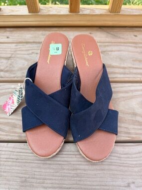 Tommy Bahama Navy Crossband Espadrille Wedge Slides